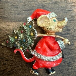 Vintage Festive Red and Gold Mouse Brooch